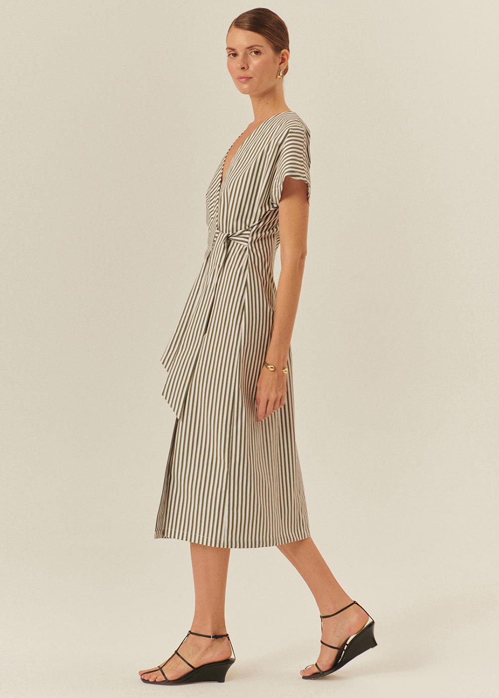 Cotton Midi Dress with Stripe Pattern and Wrap-Front Design