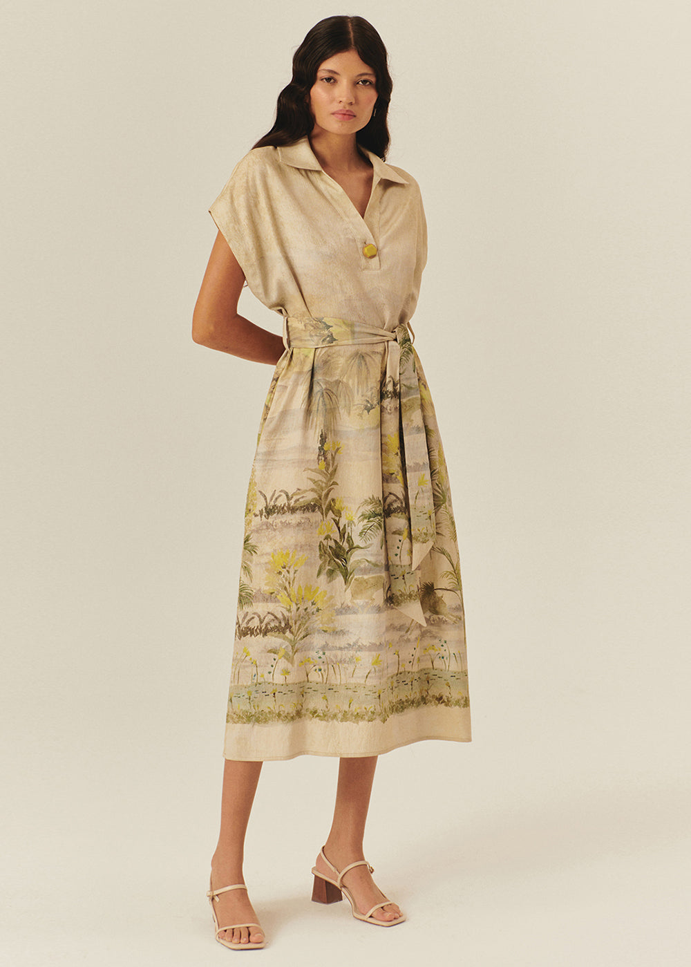 Drop Shoulder Belted Printed Midi Dress