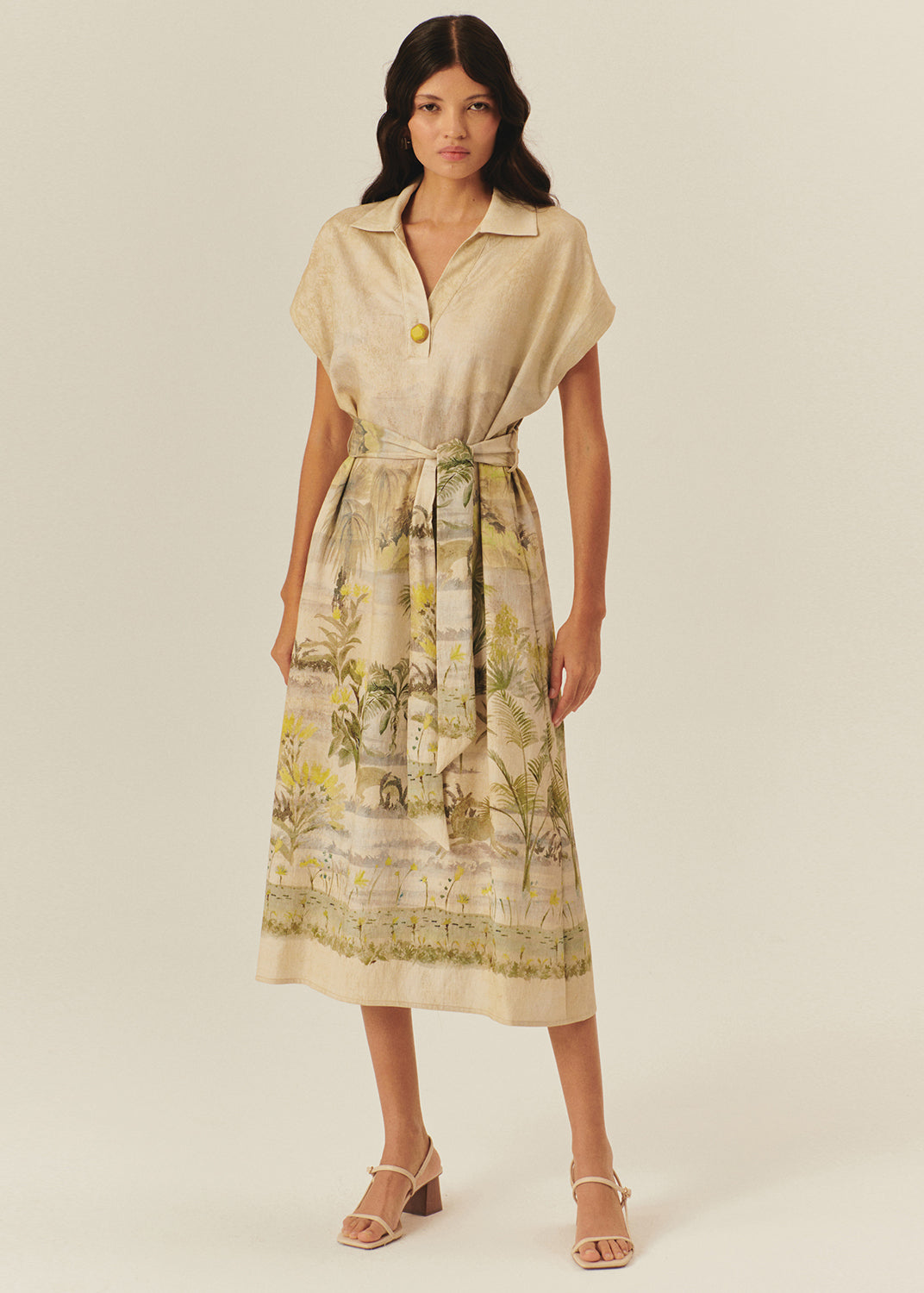 Drop Shoulder Belted Printed Midi Dress