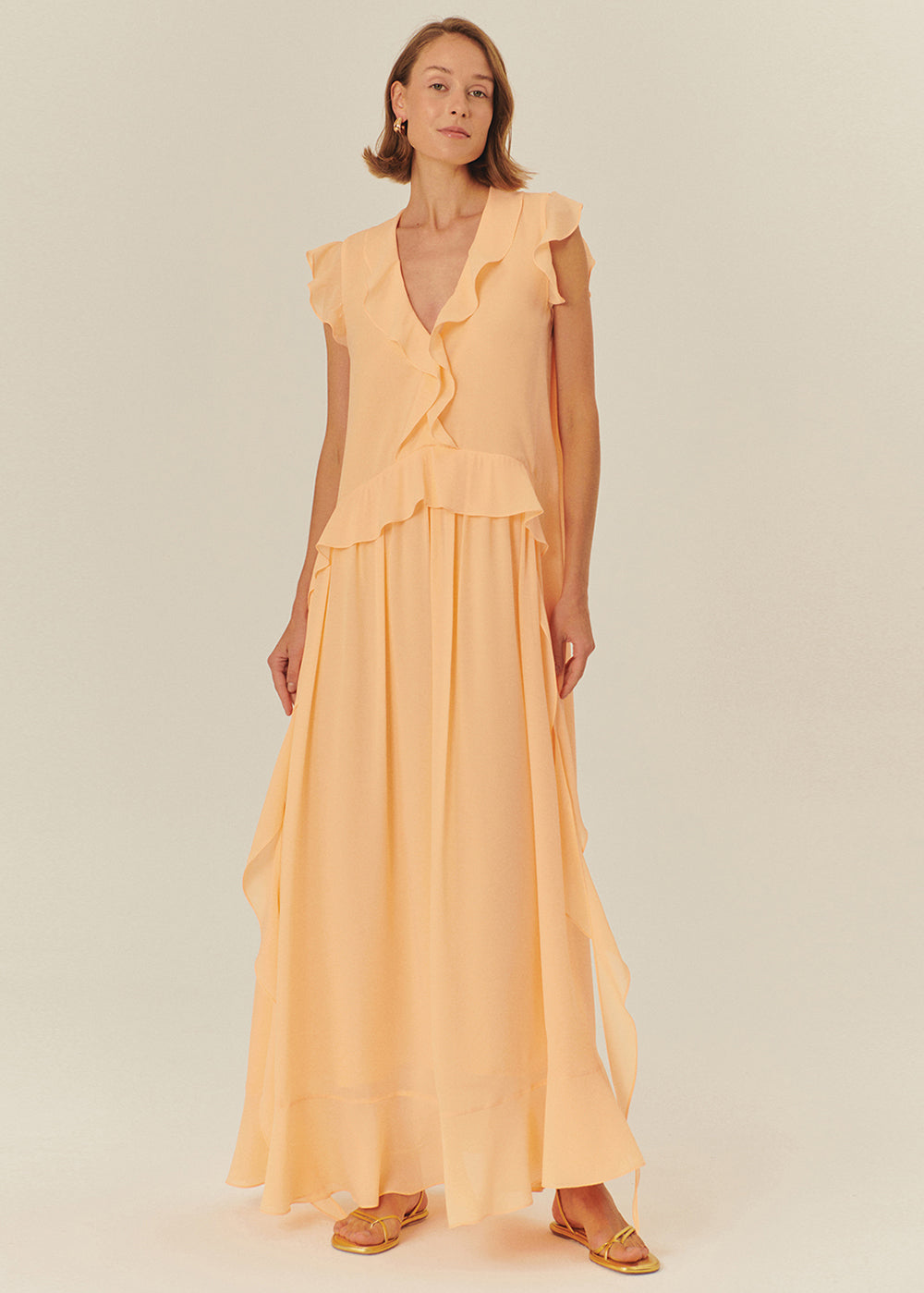 Ruffle Detail V-Neck Regular Fit Maxi Dress in Salmon