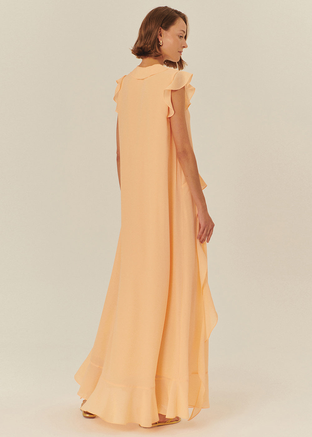 Ruffle Detail V-Neck Regular Fit Maxi Dress in Salmon