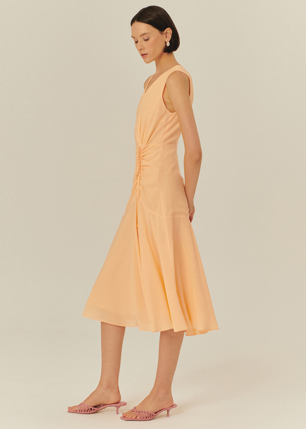 Regular Fit Sleeveless Midi Dress with V-Neck and Ruched Details