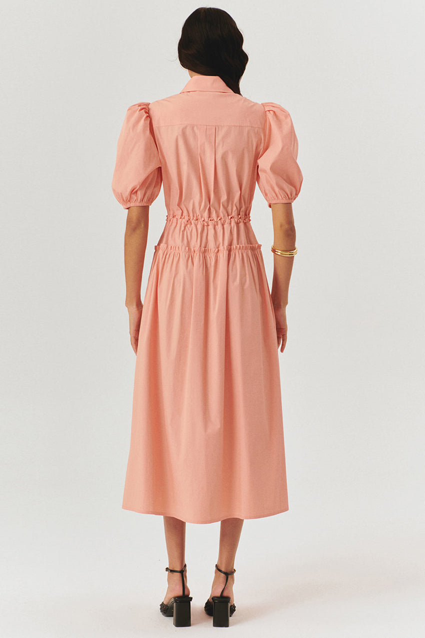 Salmon Balloon Sleeve Fitted Waist Midi Shirt Dress