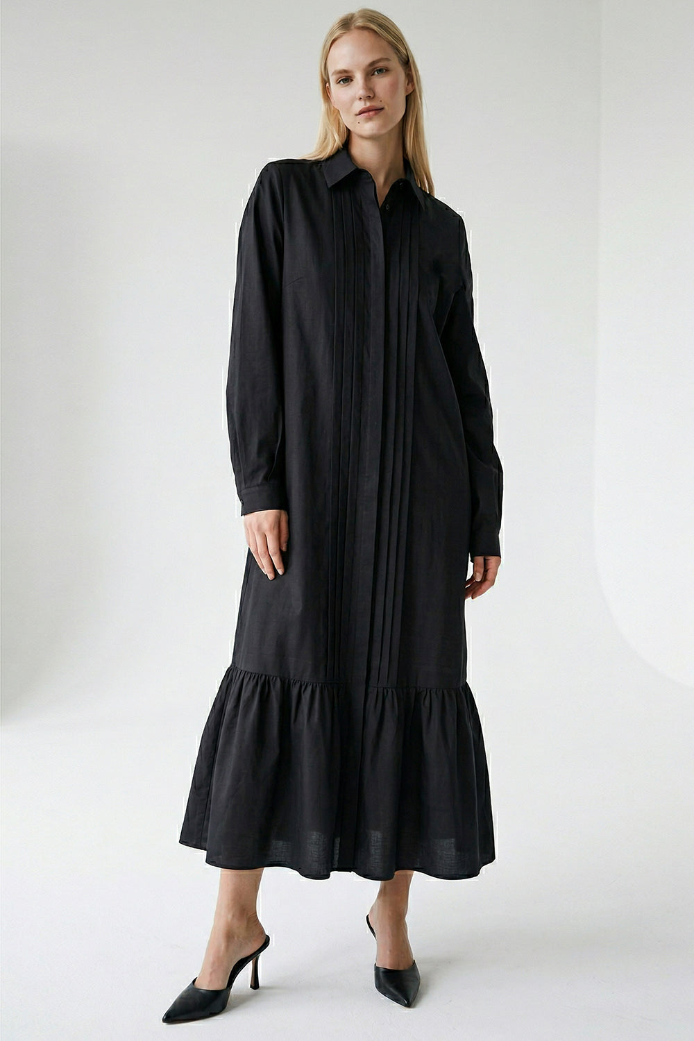 Long Sleeve Linen Shirt Dress - BLACK