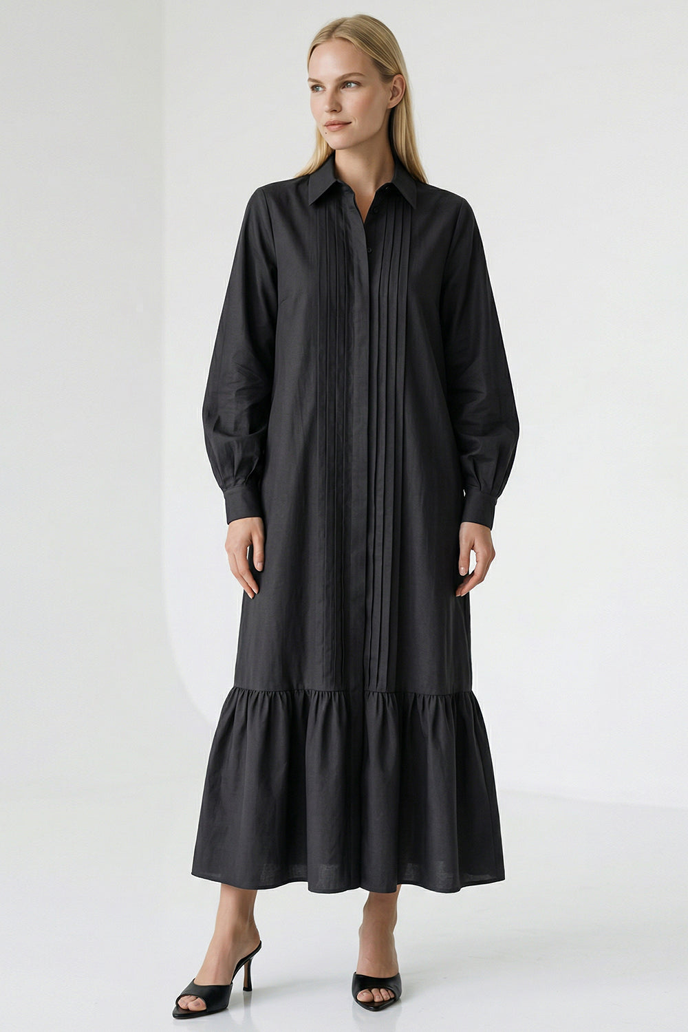 Long Sleeve Linen Shirt Dress - BLACK