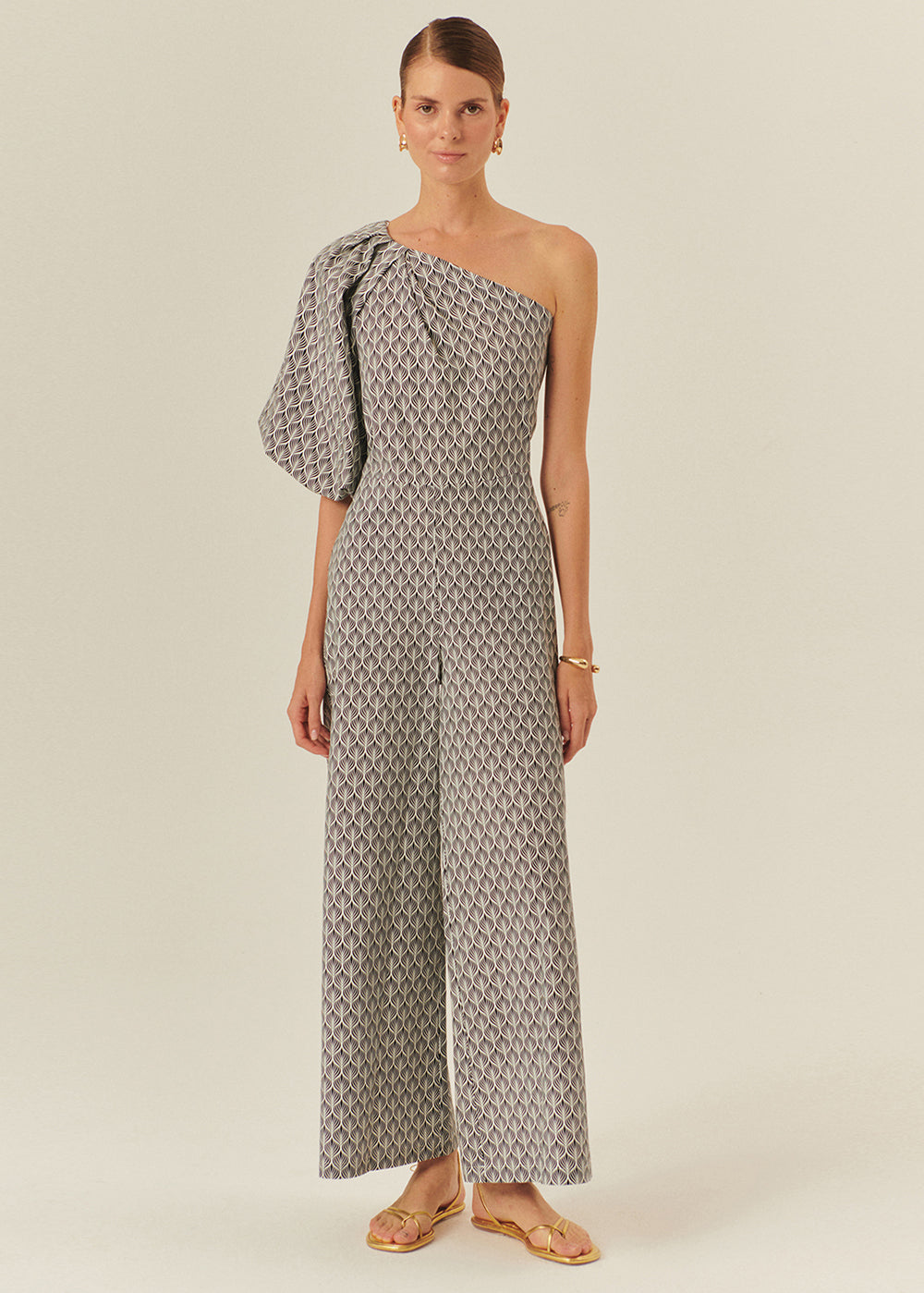 Printed Cotton Jumpsuit with One-Shoulder Balloon Sleeve
