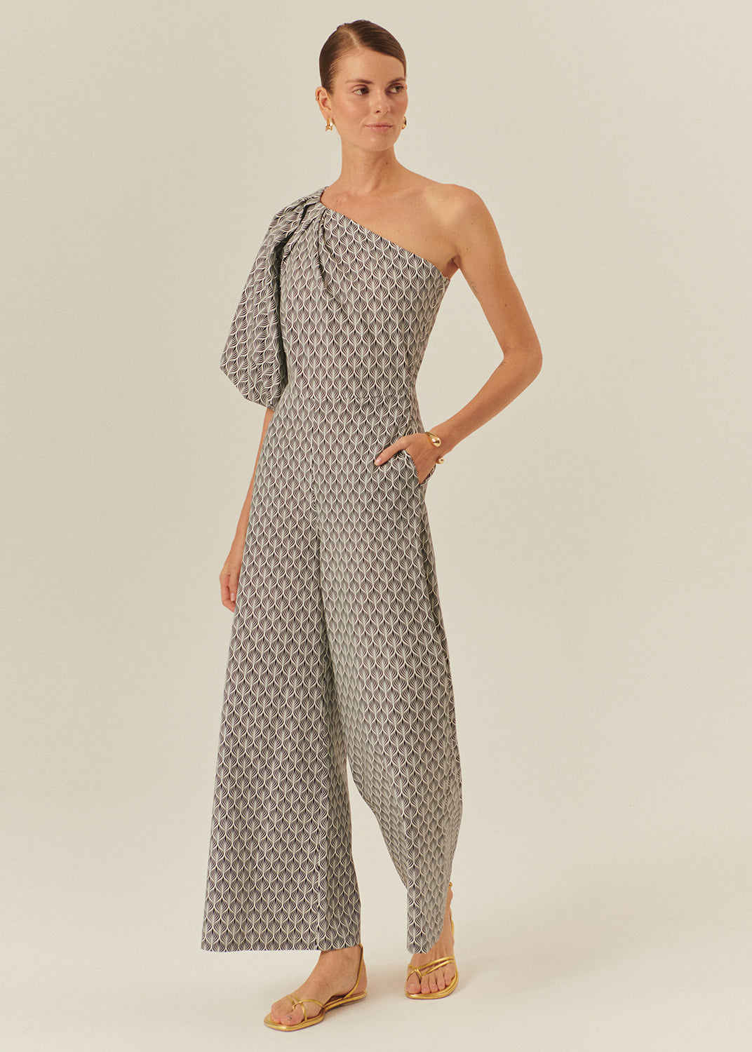 Printed Cotton Jumpsuit with One-Shoulder Balloon Sleeve