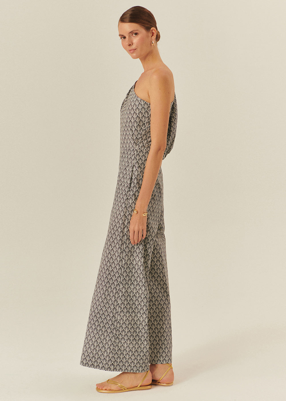 Printed Cotton Jumpsuit with One-Shoulder Balloon Sleeve