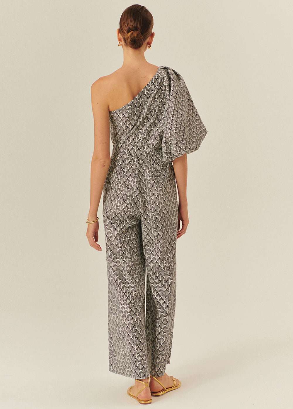 Printed Cotton Jumpsuit with One-Shoulder Balloon Sleeve