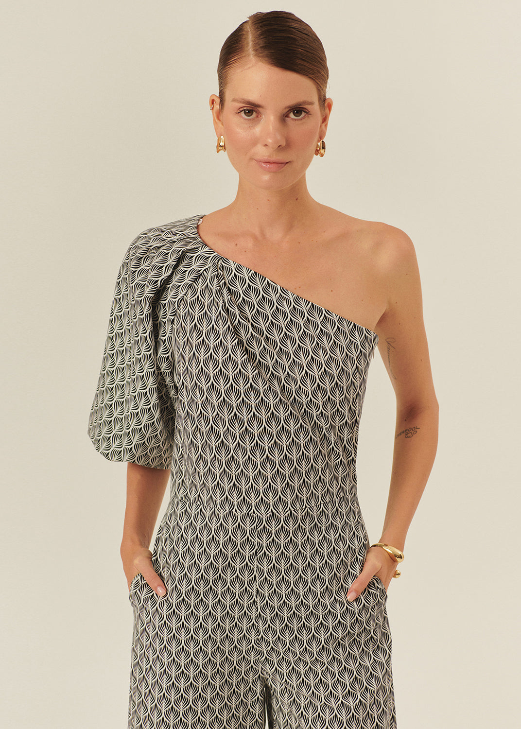 Printed Cotton Jumpsuit with One-Shoulder Balloon Sleeve