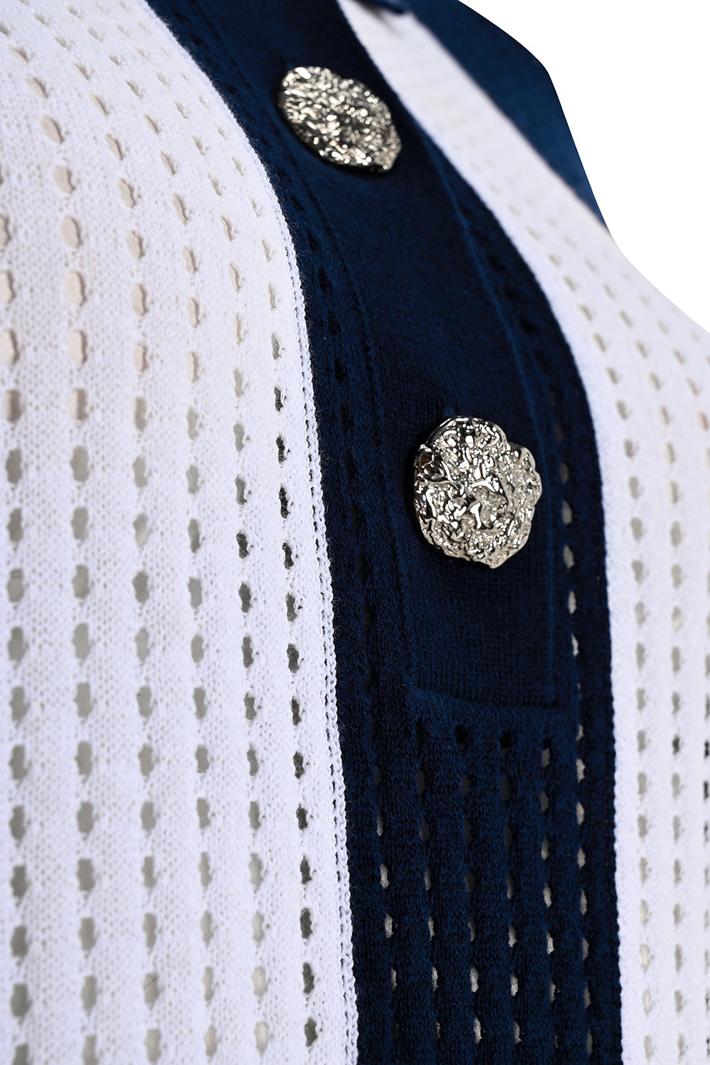 Polo Collar Knit Blouse With Gold Buttons - NAVY