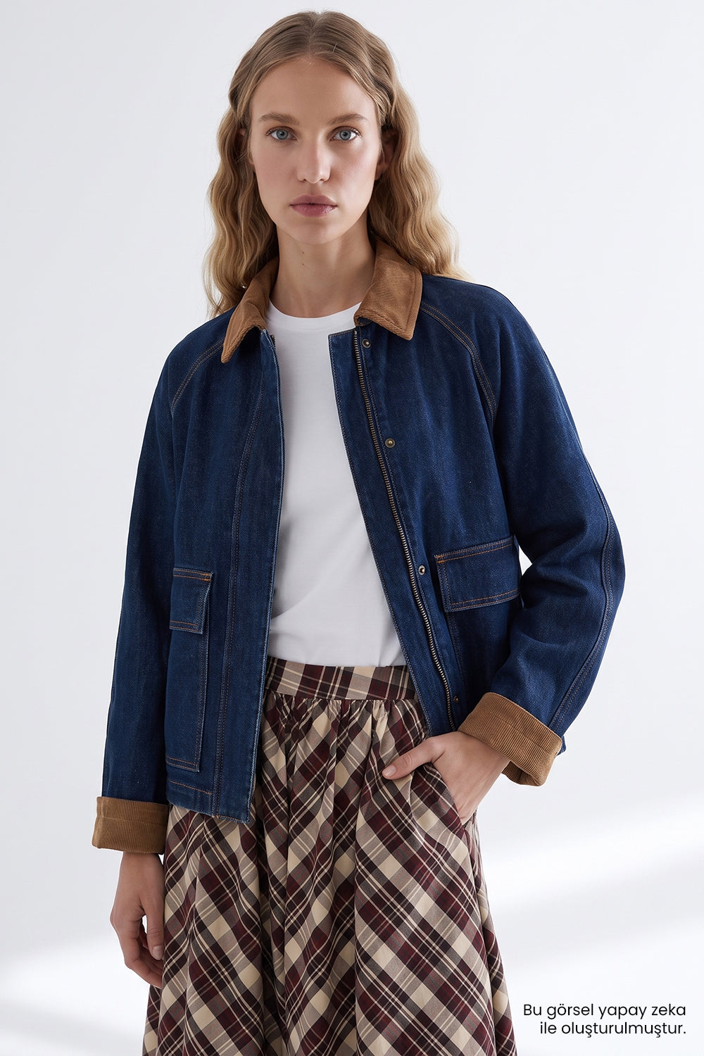 Lined Denim Jacket with Velvet Trim - INDIGO
