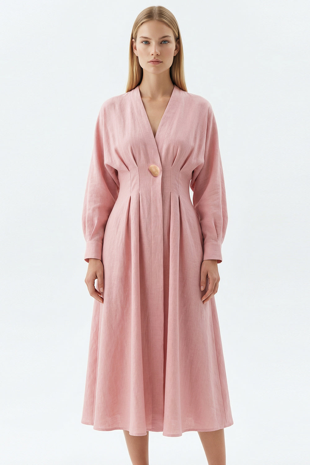 Slim V Neck Long Sleeve Linen Midi Dress - PINK 8 / PINK