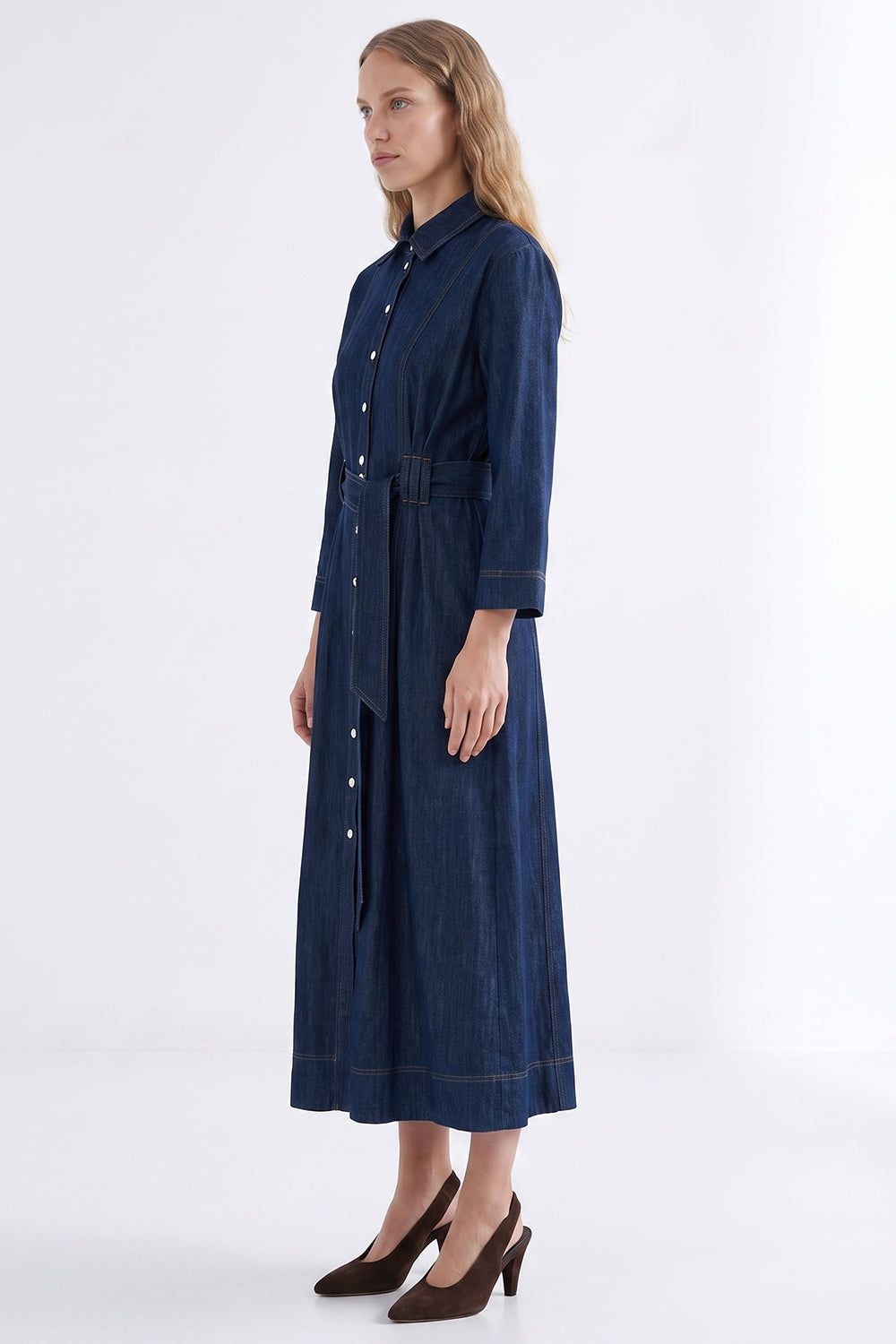 Long Sleeve Belted Denim Midi Shirt Dress - INDIGO