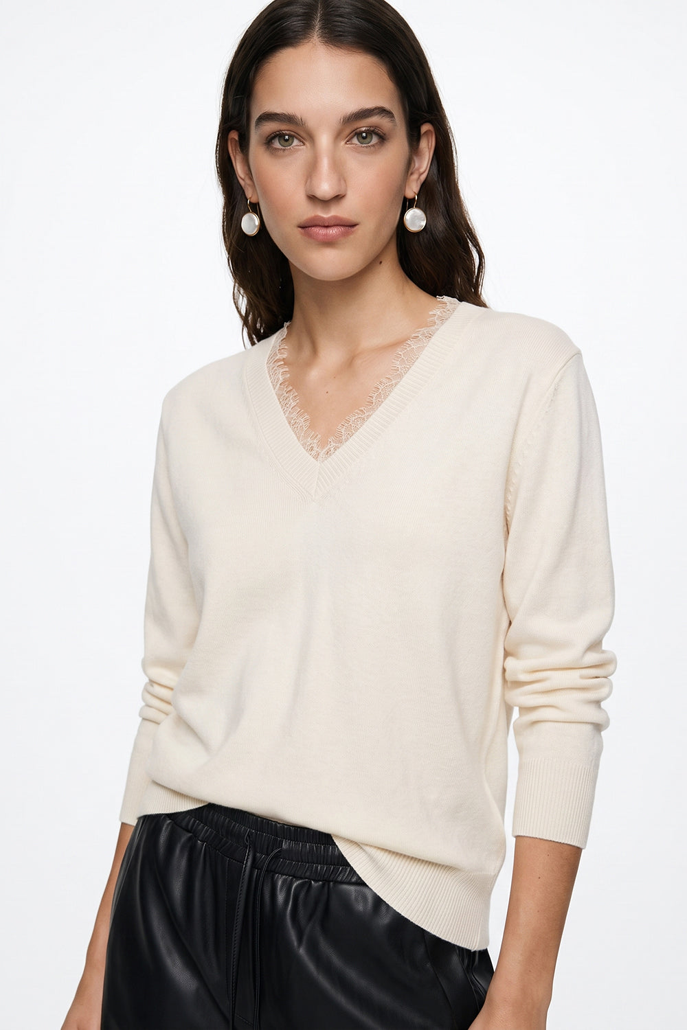 Long Sleeve V Neck Knit Blouse with Lace Trim - ECRU