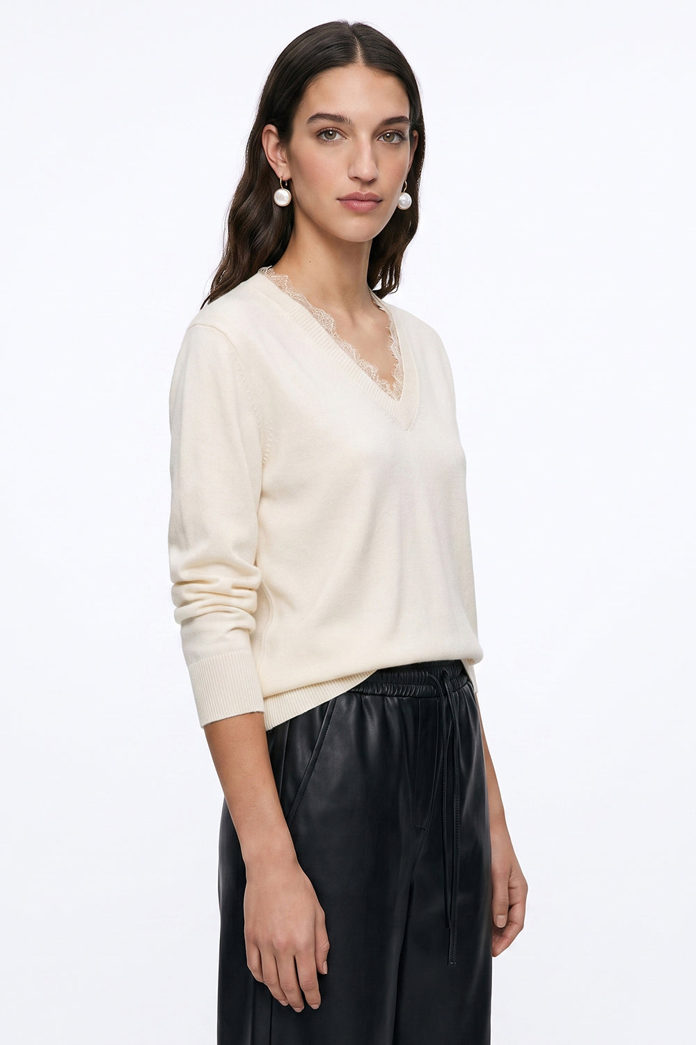 Long Sleeve V Neck Knit Blouse with Lace Trim - ECRU