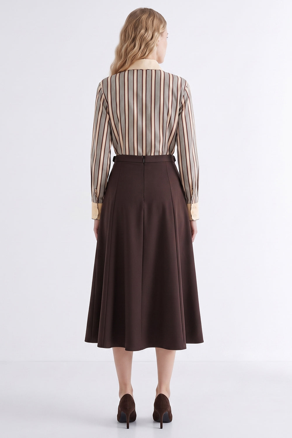 Pleated Midi Skirt with Zipper - BROWN