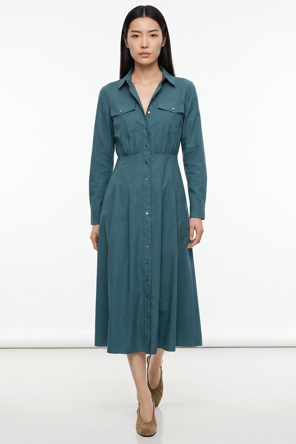 Pleated Long Sleeve Midi Shirt Dress - DARK GREEN