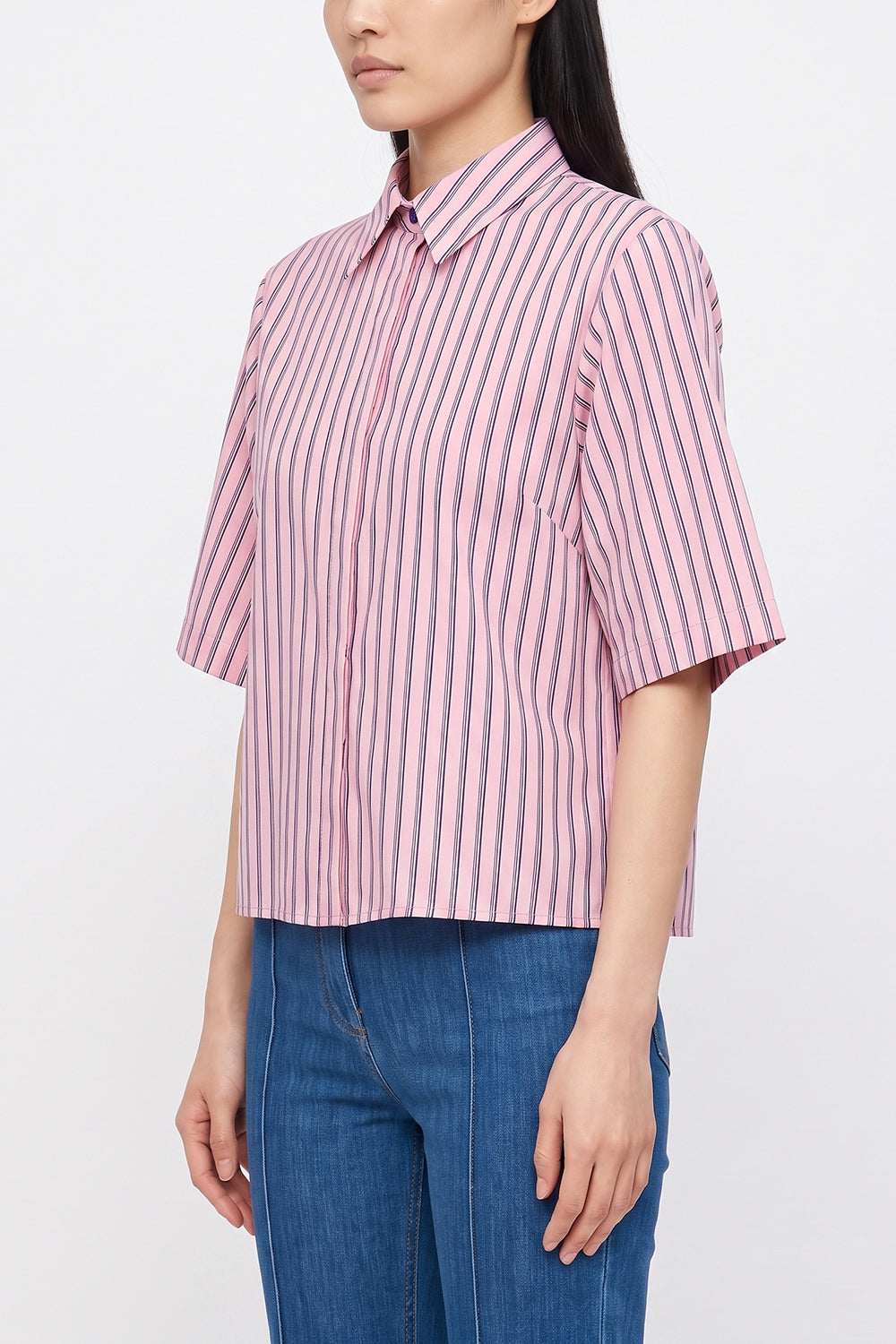 Short Sleeve Button Front Shirt with Concealed Placket - PINK NAVY BLUE