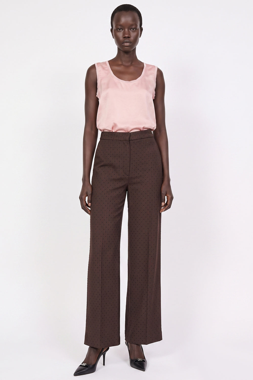 High Waisted Embellished Wide-Leg Trousers - BROWN
