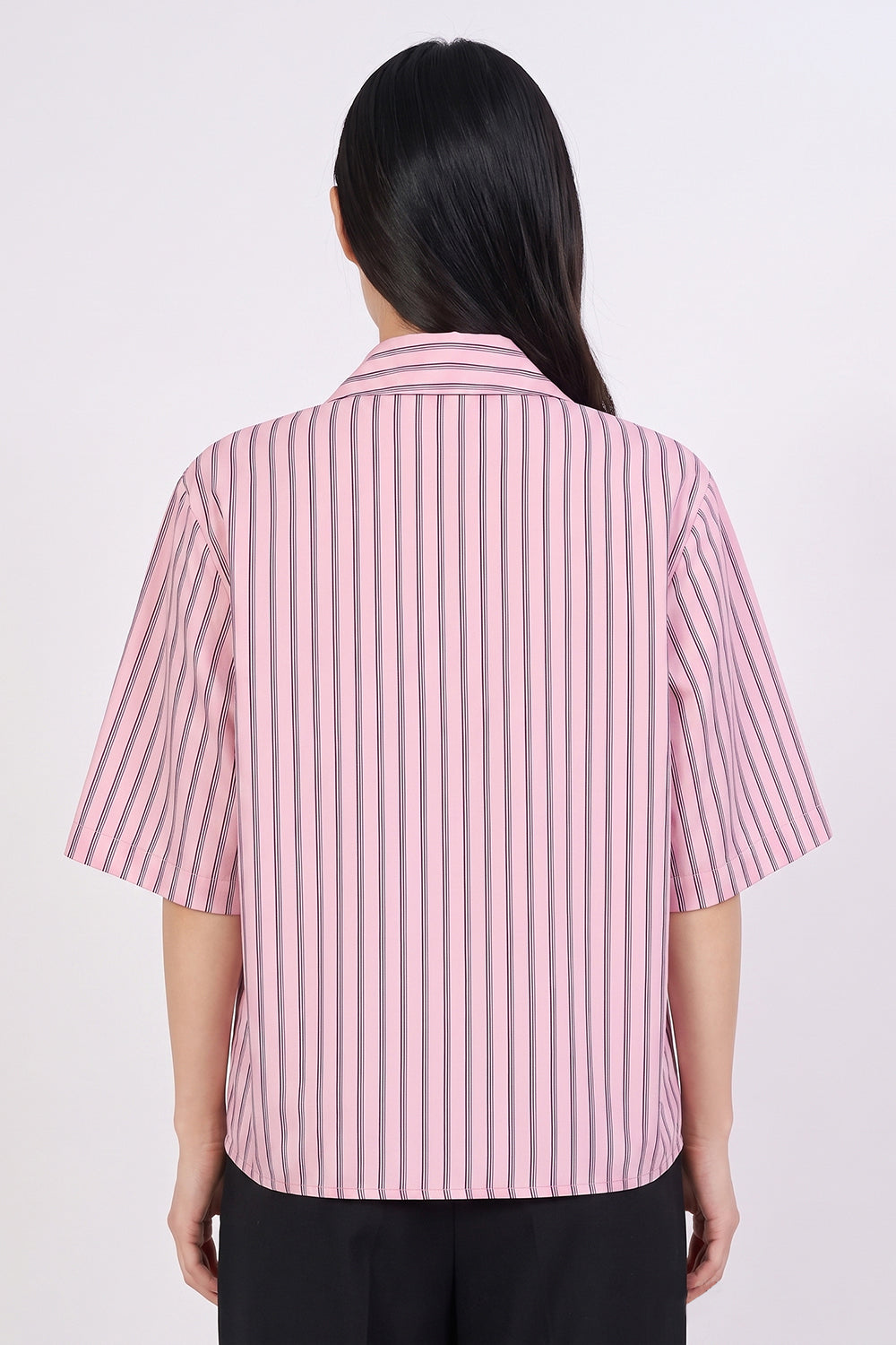 Short Sleeve Button Front Shirt with Concealed Placket - PINK NAVY BLUE