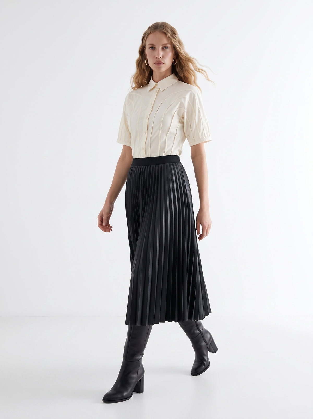 Elastic Waist Faux Leather Pleated Midi Skirt - BLACK