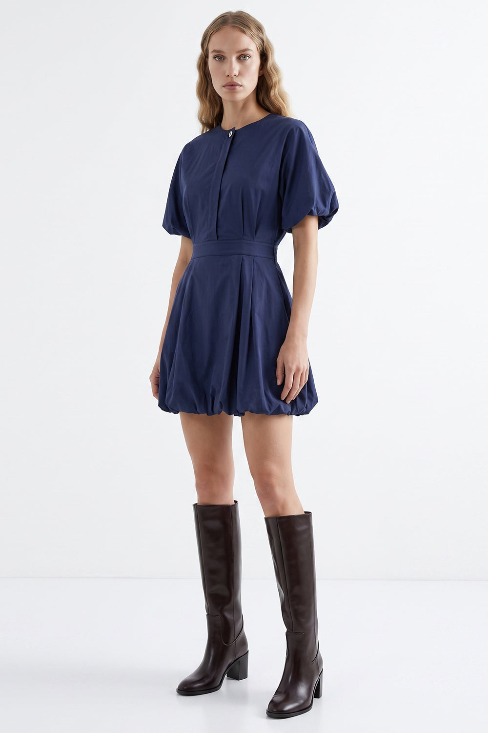 Balloon Sleeve Lined Mini Dress with Elastic Waist - BLUE
