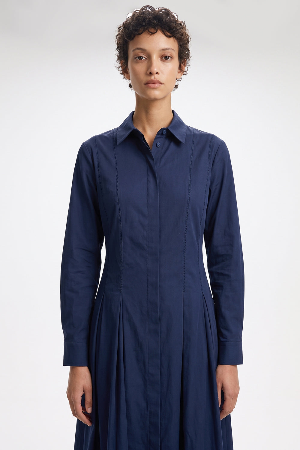 Zigzag Stitch Fitted Pleated Midi Dress - NAVY