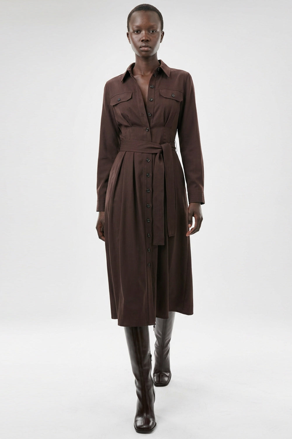 Satin Midi Dress with Belt - BROWN