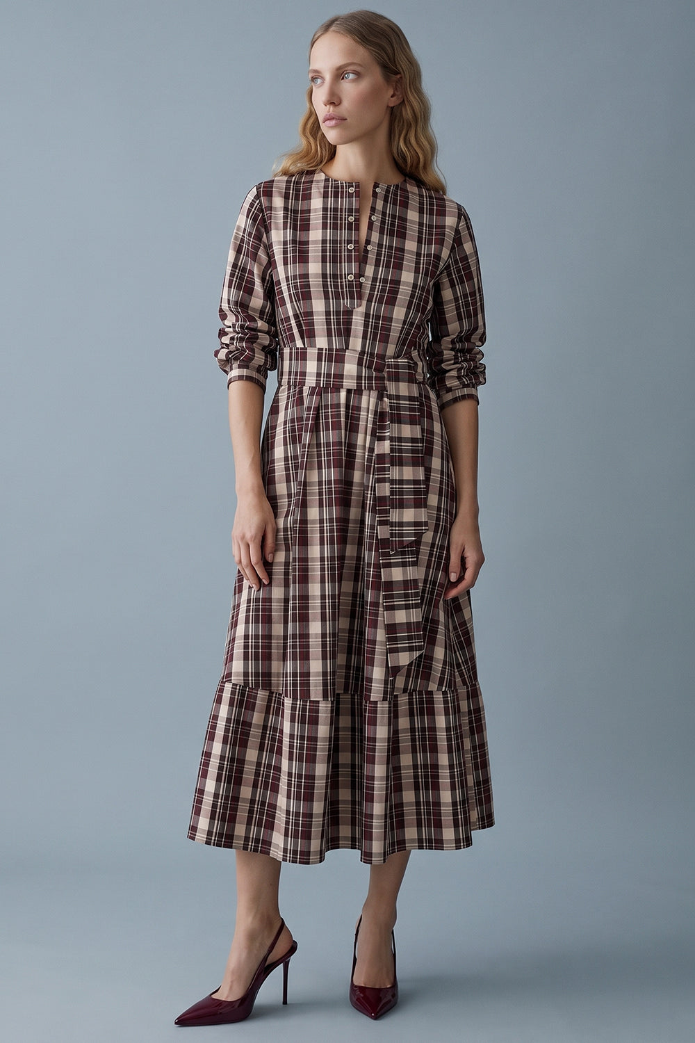 Round Neck Midi Dress with Belt and Pockets - MULTICOLOR