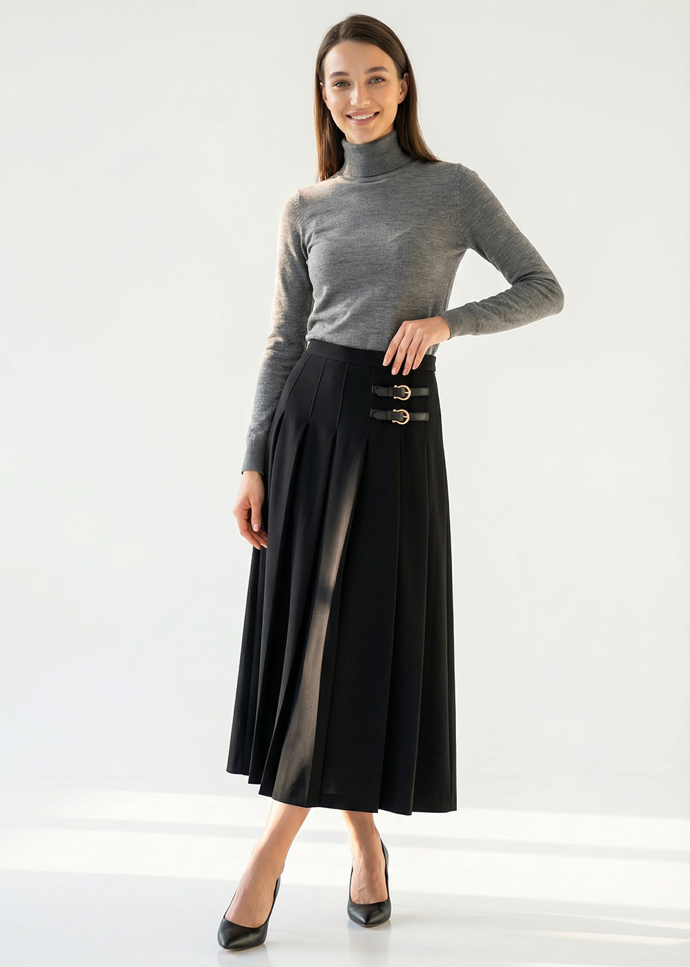 Black Pleated Midi Skirt with Buckle Belt Detail