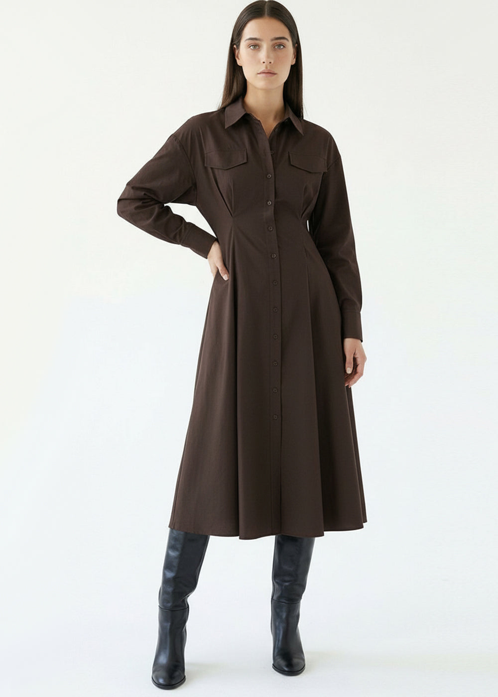 Brown Slim Fit Midi Dress with Shirt Collar and Long Sleeves