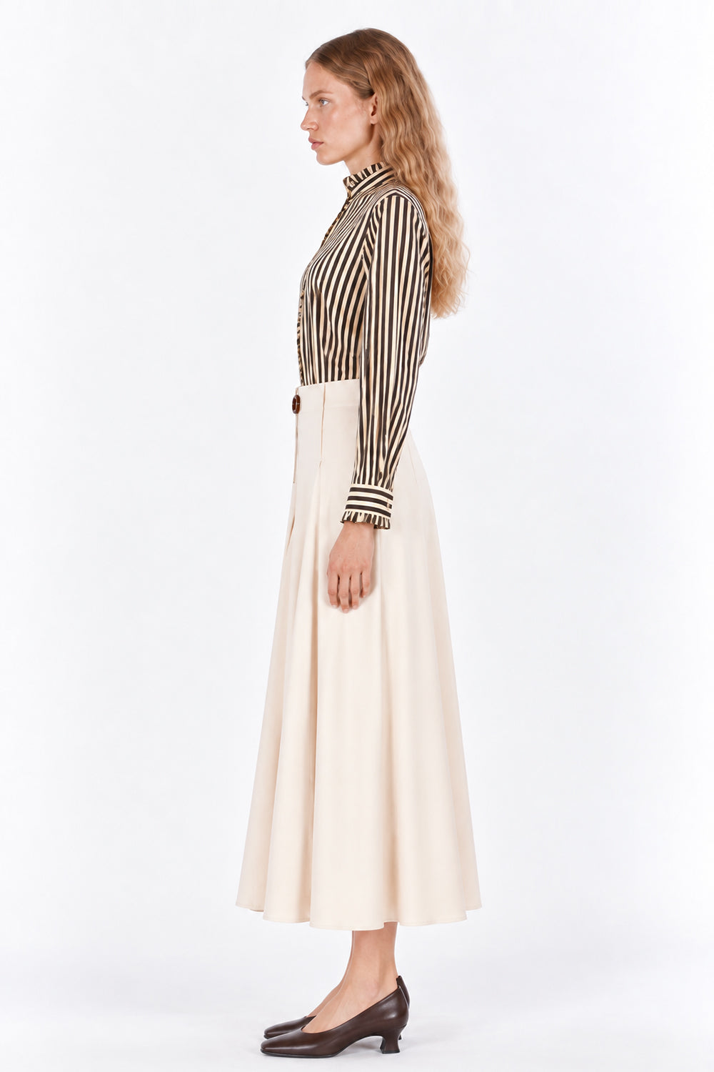 Ruffle Stand Collar Long Sleeve Shirt - BROWN BEIGE