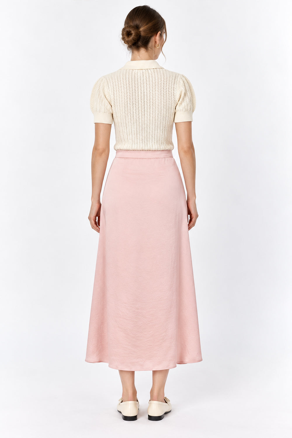 Satin Midi Skirt with Elastic Back - PINK