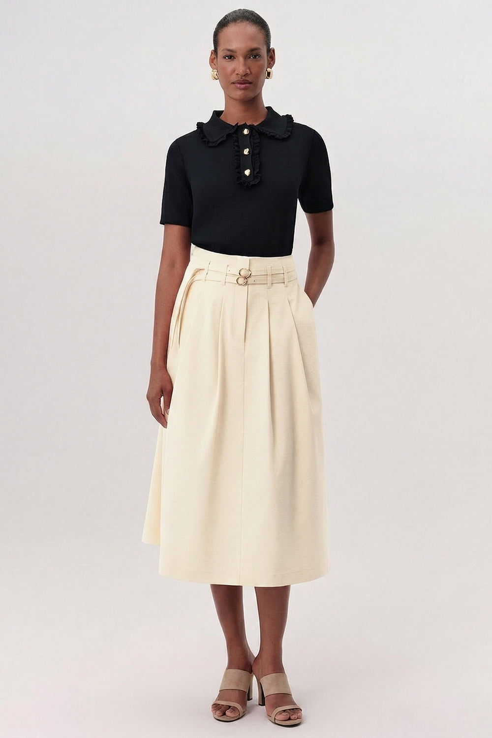 Belted High Waist Pleated Midi Skirt - CREAM