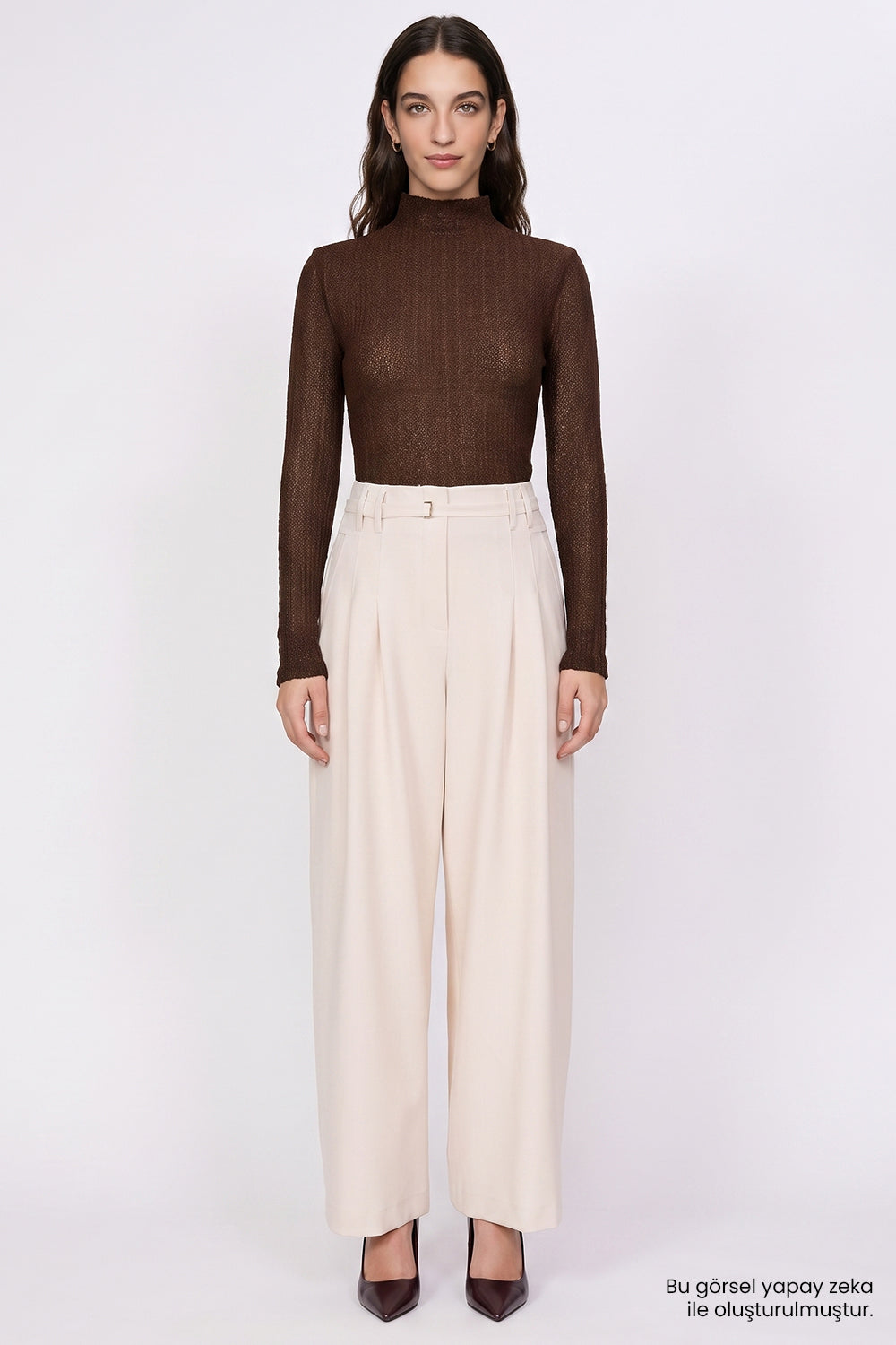 High Waisted Wide Leg Trousers with Belt - CREAM