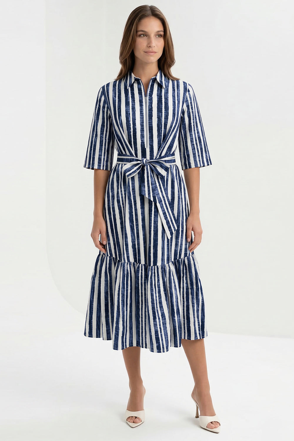 Shirt Collar Short Sleeve Belted Midi Dress - ROYAL BLUE-BONE