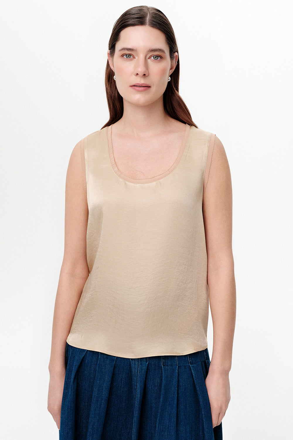 Round Neck Satin Openwork Blouse - BEIGE