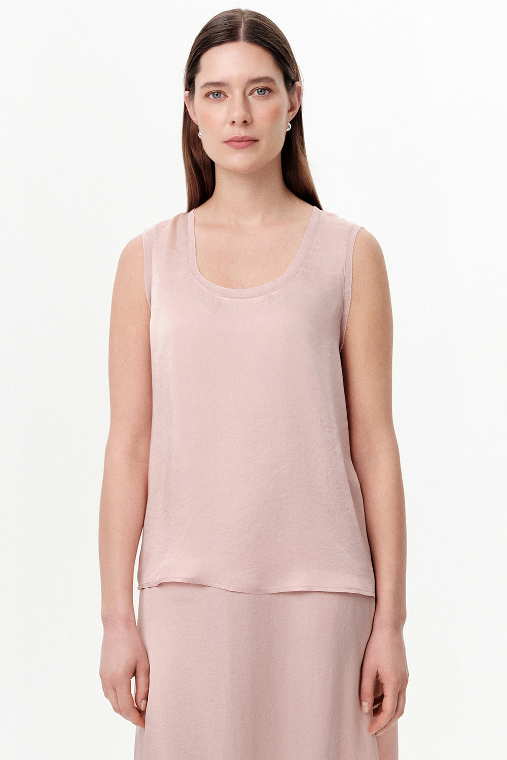 Round Neck Satin Openwork Blouse - BEIGE