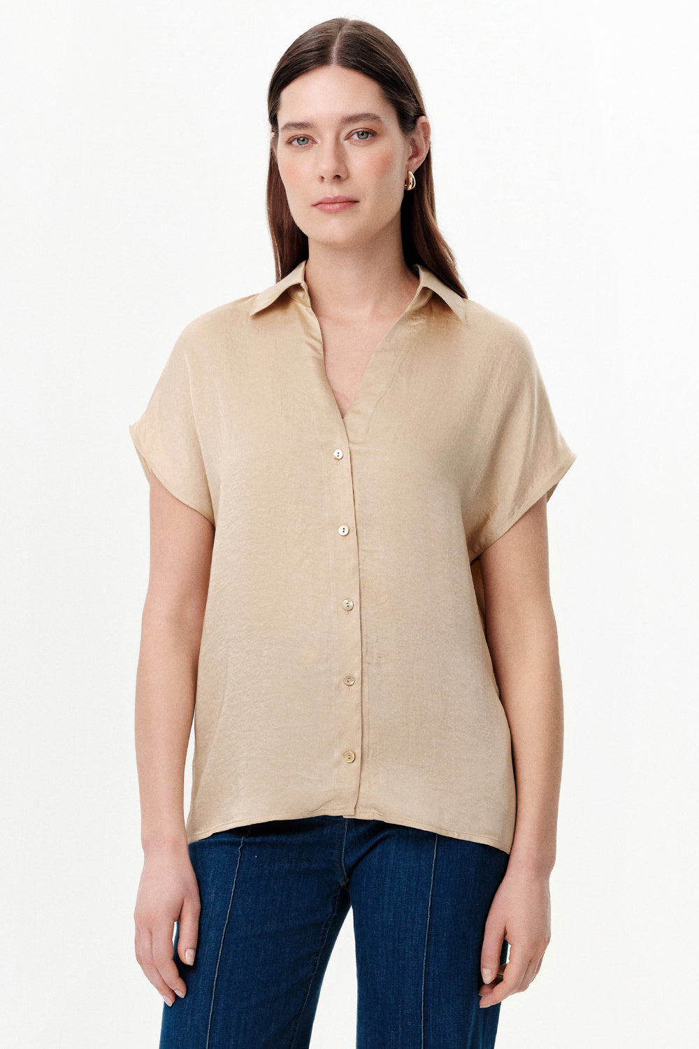 Collared Dropped Sleeve Satin Blouse - BEIGE