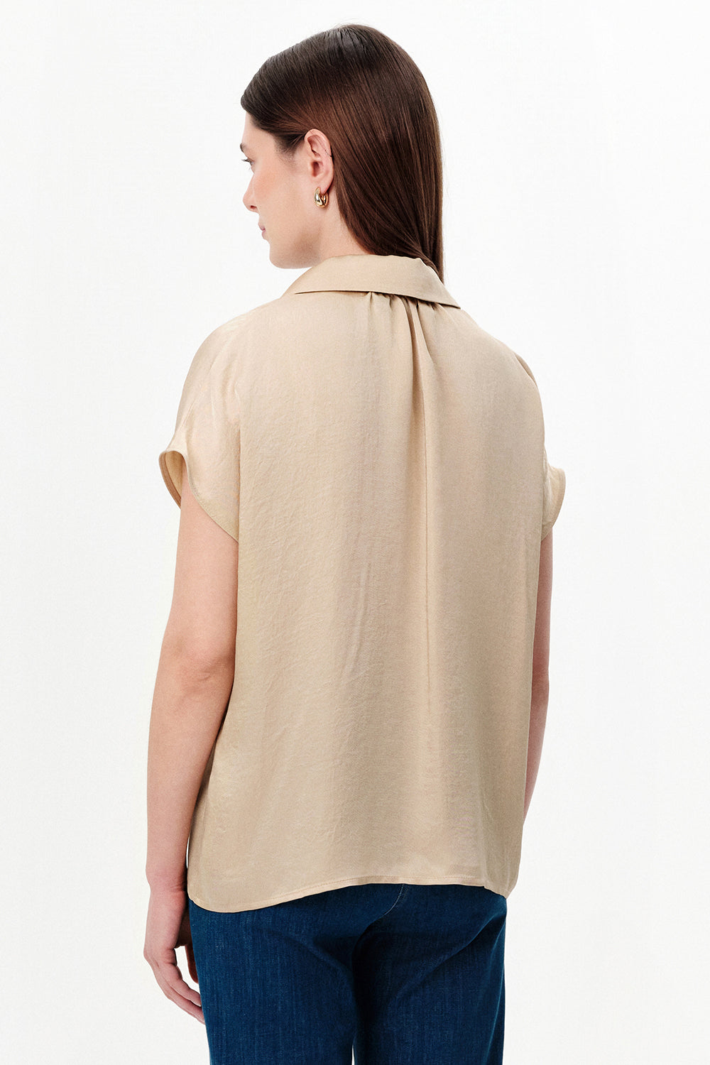 Collared Dropped Sleeve Satin Blouse - BEIGE
