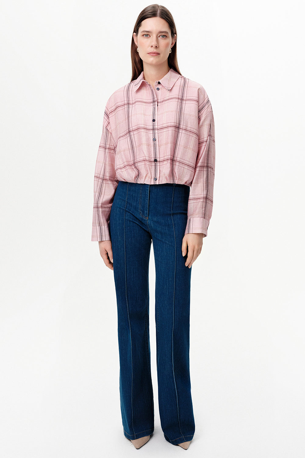 Long Sleeve Collared Balloon Hem Shirt - MULTICOLOR
