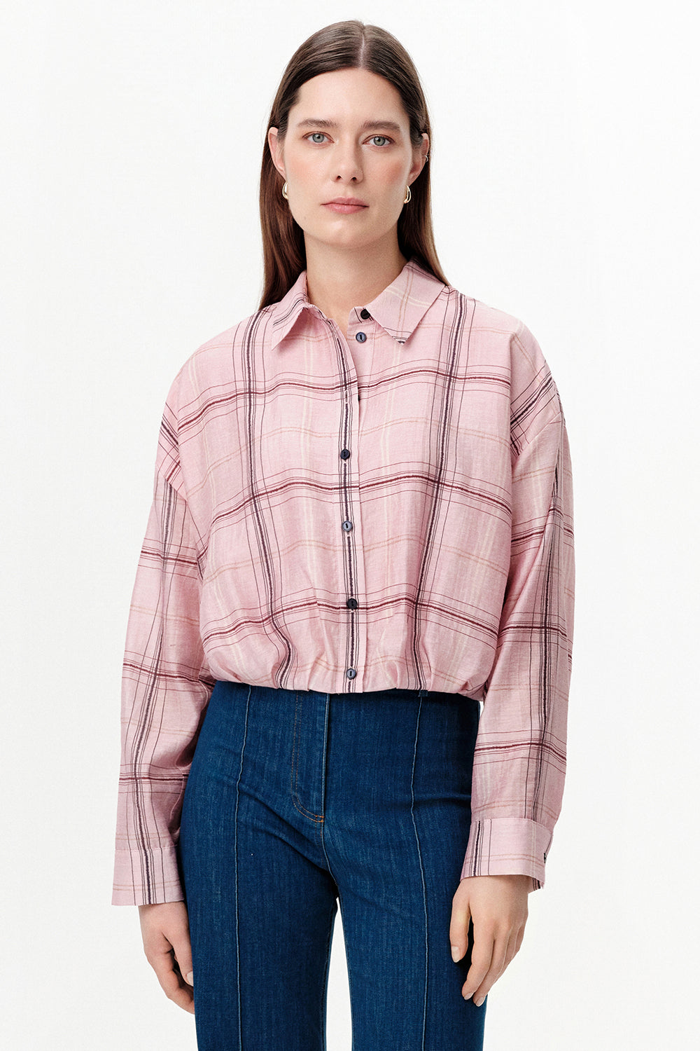 Long Sleeve Collared Balloon Hem Shirt - MULTICOLOR