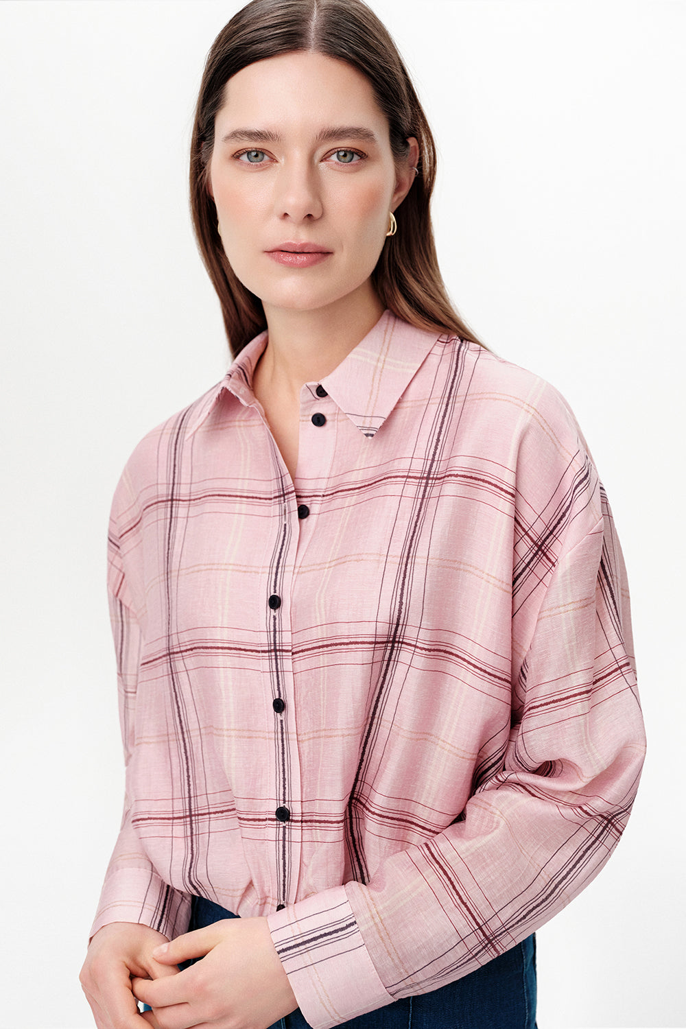 Long Sleeve Collared Balloon Hem Shirt - MULTICOLOR