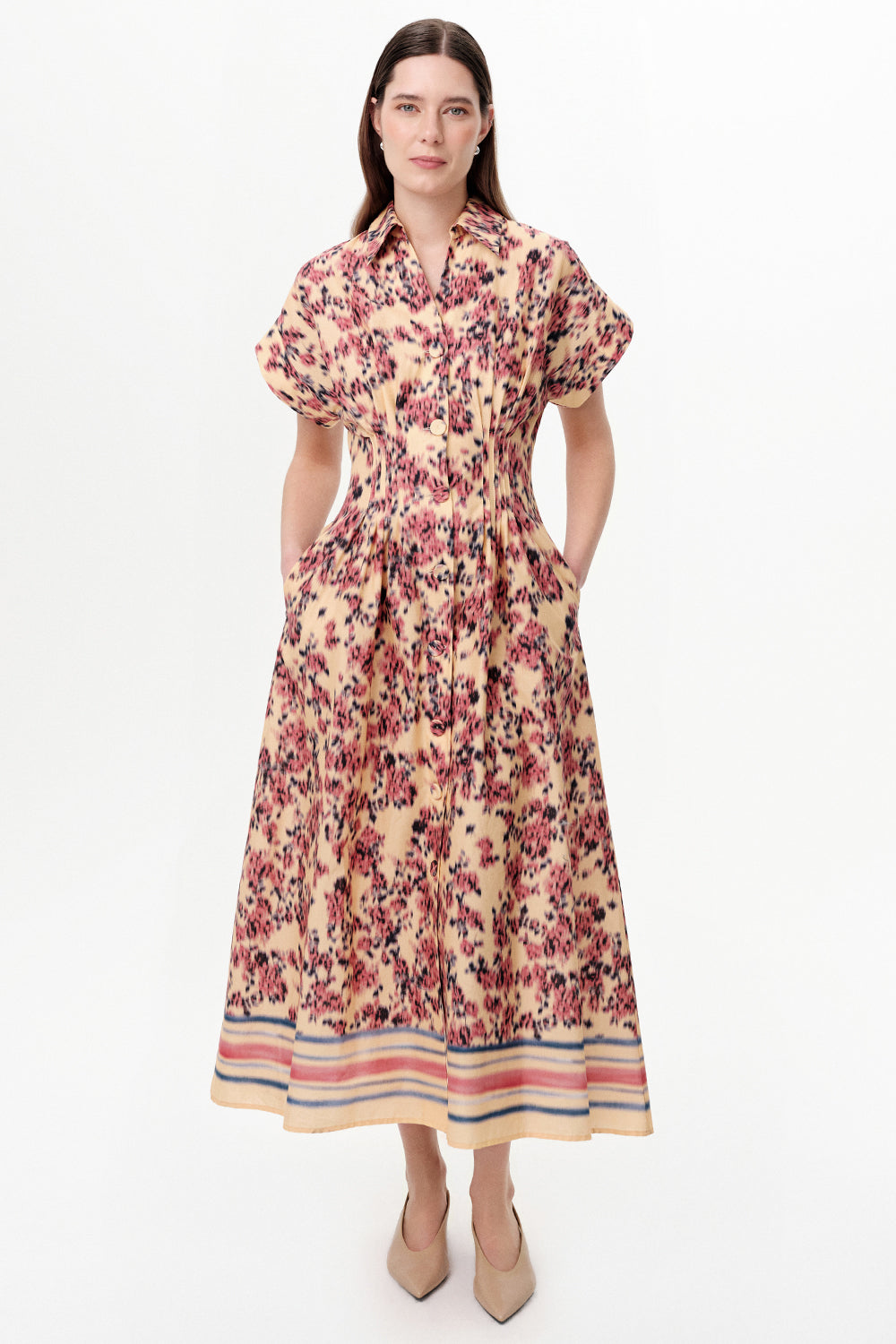 Dropped Sleeve Midi Dress with Elastic Back - MULTICOLOR