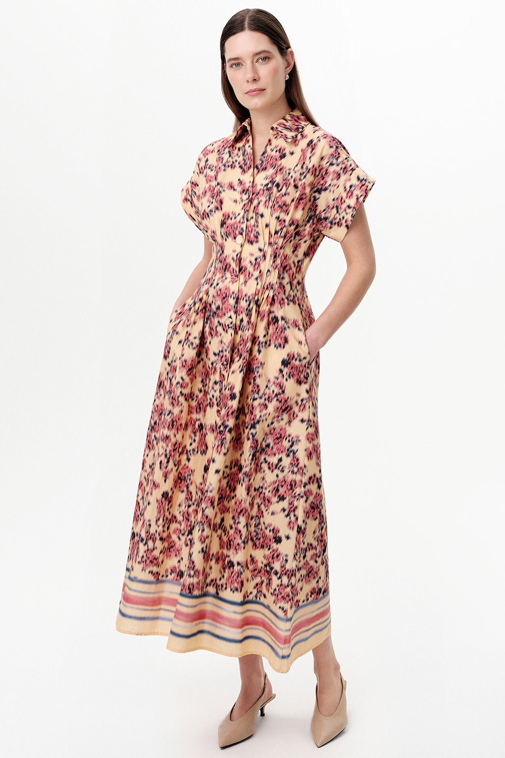 Dropped Sleeve Midi Dress with Elastic Back - MULTICOLOR