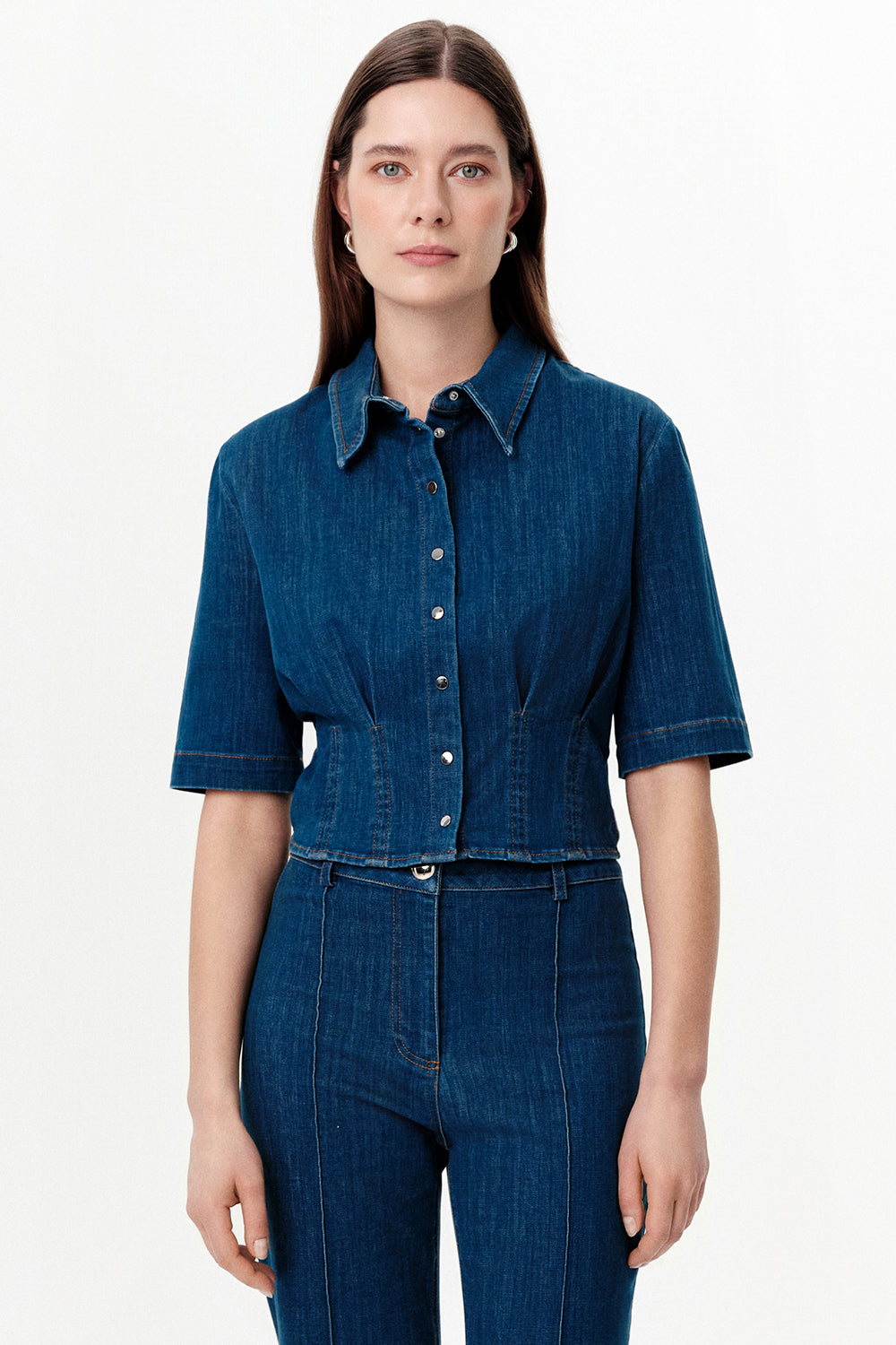 Snap Button Collared Shirt with Pleated Waist - INDIGO