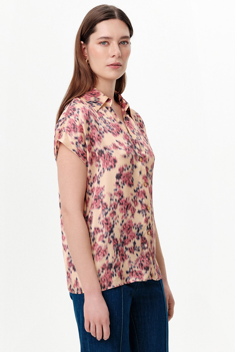 Dropped Sleeve Button-Front Satin Shirt - MULTICOLOR