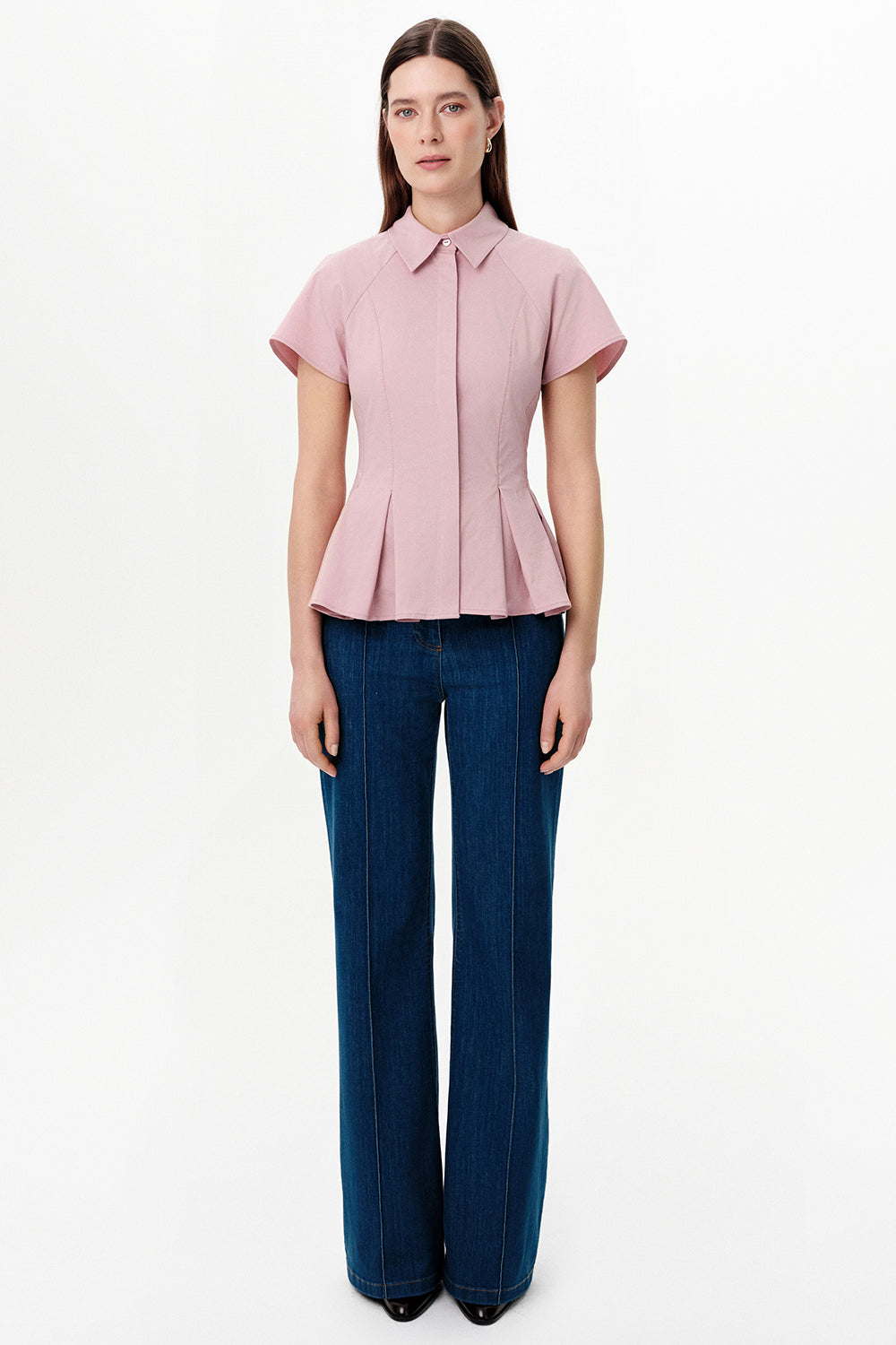 Dropped Sleeve Pleated Zigzag Stitch Shirt - PINK