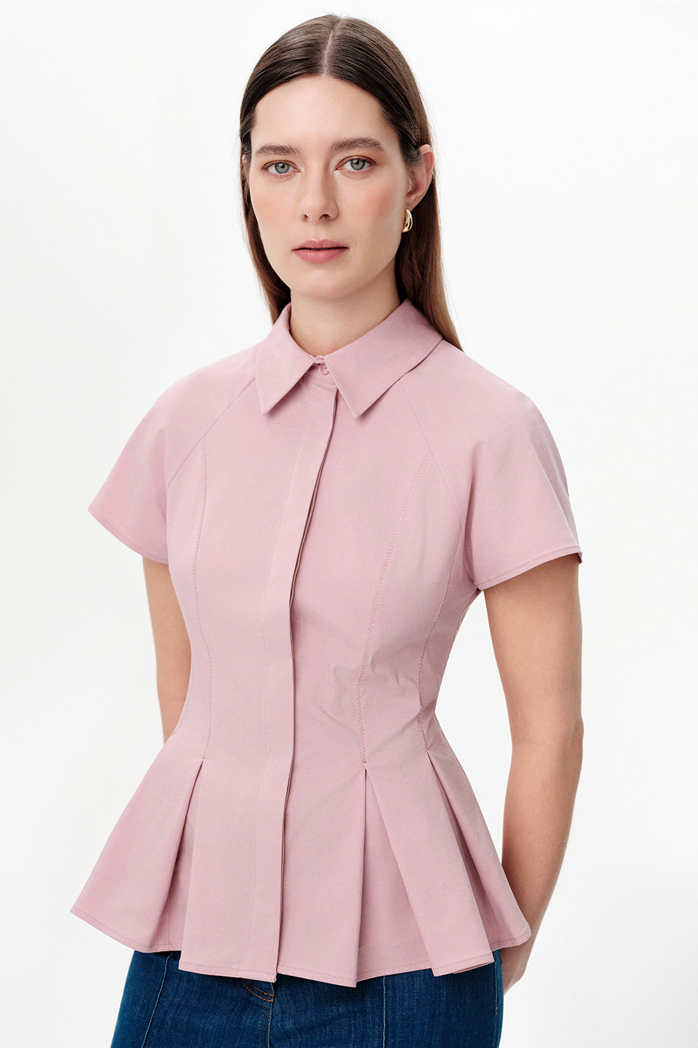 Dropped Sleeve Pleated Zigzag Stitch Shirt - PINK